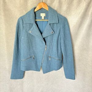 Chicos 100% Boiled Wool Motorcycle Style Jacket Montauk Blue Size M/2